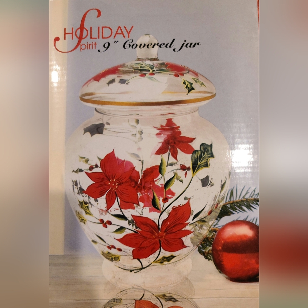NIB Holiday Spirit 9" Crackle Glas Covered Jar - Poinsettia